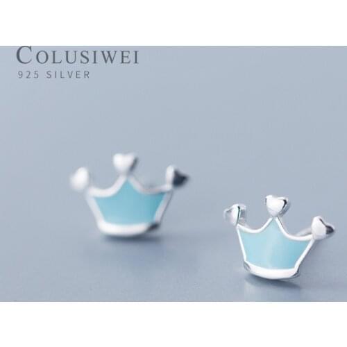 Colusiwei 925 Sterling Silver Enamel Heart Crown Stud Earrings for Women Lovely Girls Ear Studs Korea style Fine Jewelry