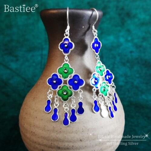 Bastiee 999 Sterling Silver Blue Green Earrings For Women Flower Cloisonne Enamel Jewelry Handmade Ethnic Tassel Earing Drop