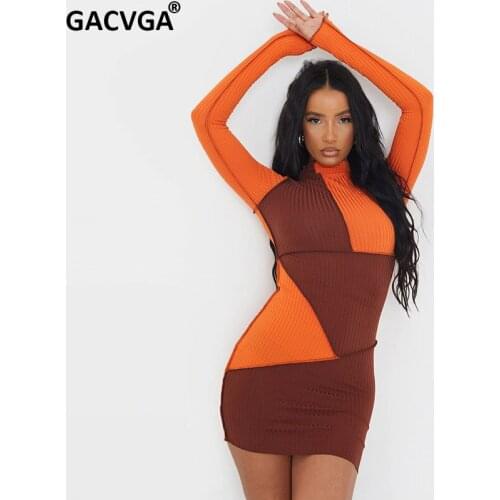 GACVGA Ribbed Knitted Long Sleeve Mini Dress Women Casual 2021 Patchwork Autumn Spring Sexy Bodycon Party Dresses Streetwear