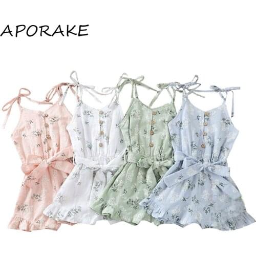 2021 0-5Y Summer Toddler Baby Girl Romper 4 Colors Floral Print Sleeveless Bandage Button Tunic Jumpsuit With Belt Outfit