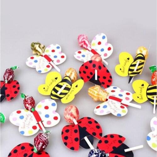 New 50Pcs/Lot Bee Butterfly Ladybug Printed Lollipop Decorative Card Candy Stick Wedding Birthday Party Favor Wedding