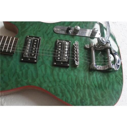 Free shipping custom 6 string bass guitar,green guitar,quilted maple veneer,tremolo bridge,skeleton inlay,HH pickups