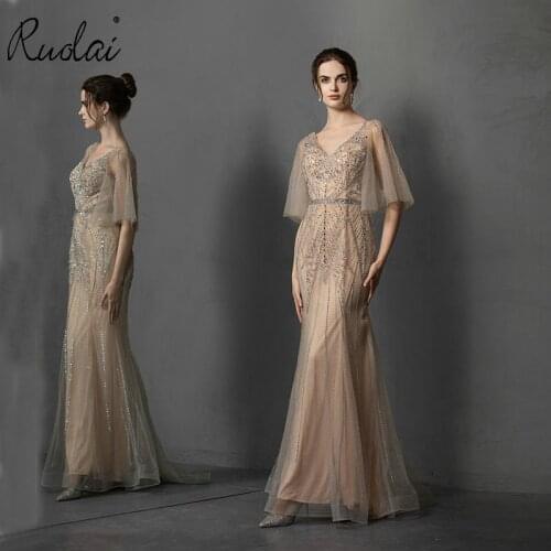 Champagne Elegant Mermaid Evening Dresses Long 2019 Luxury Backless Formal Dresses Dubai Party Gown vestidos de festa longo