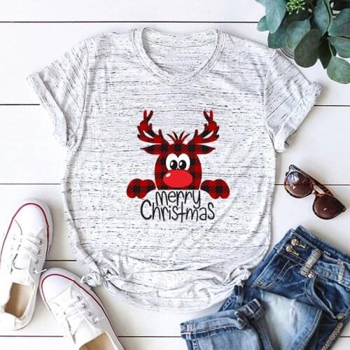 Summer T Shirt Women Plus Size 5XL Cotton Cartoon Christmas Deer Print Oversized Female Short Sleeve Tshirt Casual Lady Tops Tee