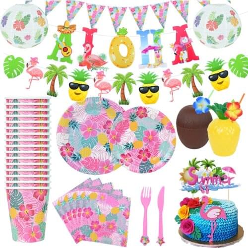 Hawaii Party Flower Disposable Tableware Sets Paper Plates Napkin For Luau Aloha Pink Flamingo Summer Wedding Party Decor Banner