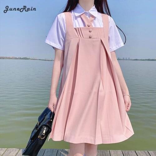 JuneRain Summer 2 Pieces Pink Japanese Students Girl JK Dress Mini Pleated Pinafore Dress School Lady Vintage Boho Sets Vestidos