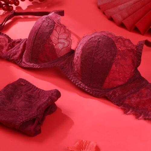 Red Balconette Plus Size Bras And Panty Sets For Women Comfortable Thin Sexy Underwear Set Floral Push Up Bras Lingerie 40 C D E