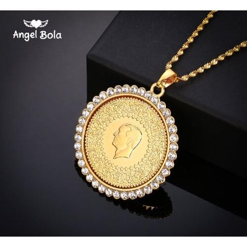 Never Faded Big Size Turkey Coin Pendant & Necklaces with AAA Crystal for Women Gold Color Turkish Coins Jewelry Ethnic Gifts