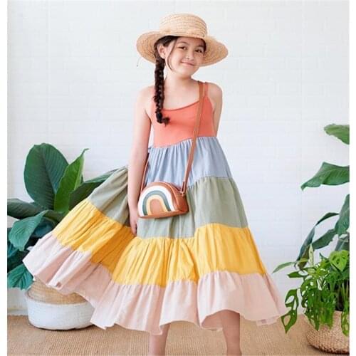 FOCUSNORM 2-7Y Summer Lovely Kids Girls Holiday Dress Strap Sleeveless Rainbow Striped Printing A-Line Sundress