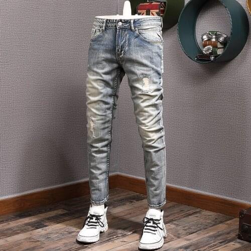 Italian Style Fashion Men Jeans Retro Gray Blue Slim Ripped Jeans Men Destroyed Patchwork Designer Vintage Casual Denim Pants