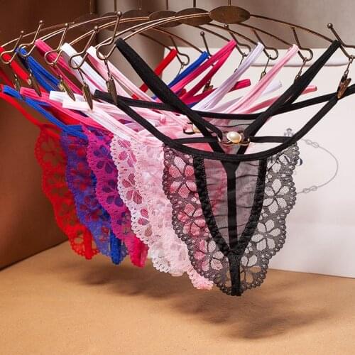 Fashion Sexy Seduction Low Waist Cross Lace T-String Pants Female Pearl Transparent Mesh Underpants Sexy Binding Style