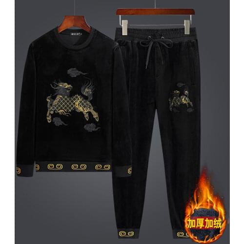JUNSRM Casual Suit Chinese Style Unicorn Embroidery Plus Velvet Thickening Loose Mens Fall/winter Trend Two-piece Suit