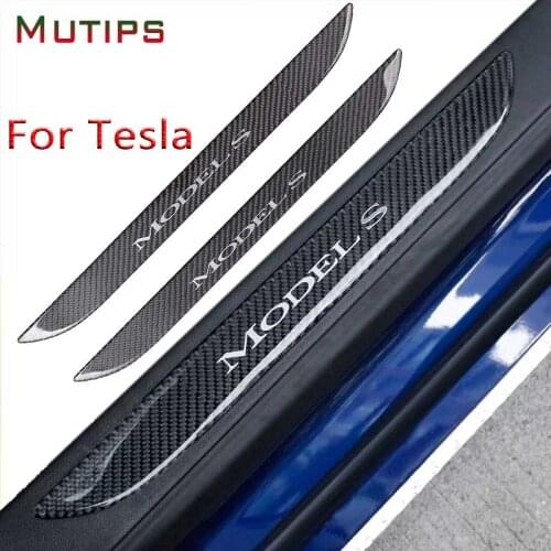 Mutips Car Door Sill Strip Scuff Plate pedal Carbon Fiber Threshold Protector stickers Accessories Decoration For Tesla Model S