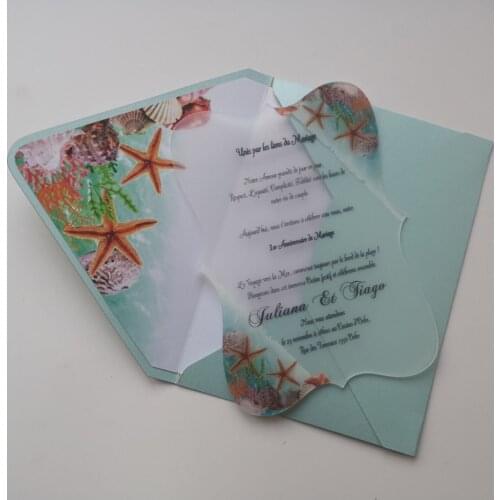 2019 hot sale custom personalized printing clear acrylic wedding invitation starfish card,printed starfish envelope match DIY