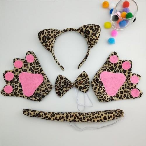 Adult Kids Animal Ear Leopard Headband Bow Tie Tail Paws Cosplay Costume Set Party Fancy Dress Up Props Halloween Christmas