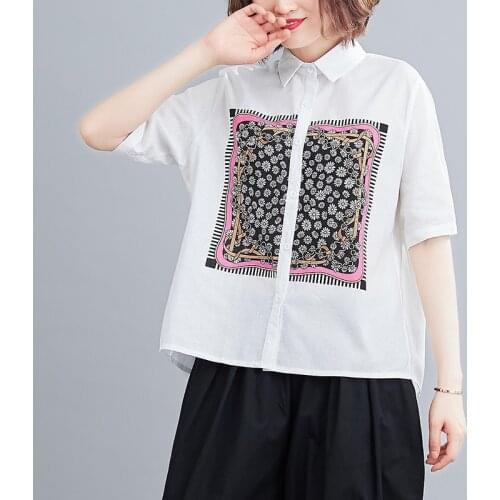 Women Cotton Linen Casual Shirts New Arrival 2021 Summer Indie Folk Style Turn-down Collar Loose Female Short Sleeve Tops S3707