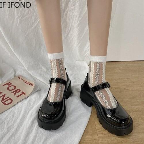 IF IFOND Women Pumps Patent Leather Shoes Ankle Strap Chunky Heels Platform Mary Jane Shoes Female Fashion Buckle Comfortable