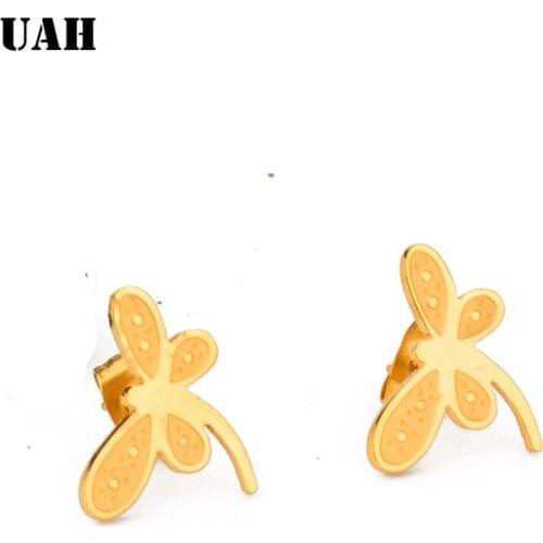 UAH Stainless Steel Stud Earring For Women Man Dragonfly Gold Color Lovers Engagement Jewelry Drop Shipping