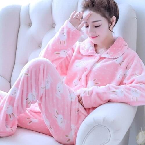 Womens Pajamas Winter Flannel Sleepwear Lapel Cardigan Long Sleeve Cartoon Pyjamas Womens Warm Pajamas Plus Size Lingere