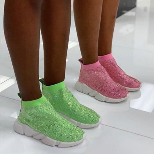 Crystals Sock Boots Sport Female Flat Polyester Spandex Ankle Length Rhinestones All Over Sock Sneakers Casual Shoes Spring 2019
