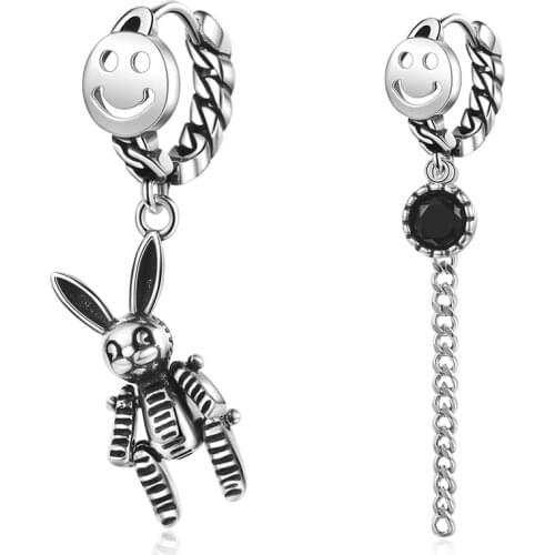 925 Sterling Silver Smile Long Tassel Thai Silver Hoop Earrings Rabbit Zircon Asymmetric Earring For Women Ear Jewelry S-E1061