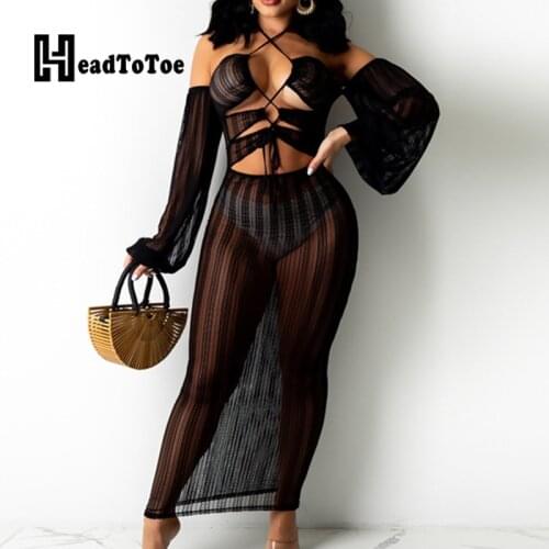 Sexy See Through Backless Bandage Maxi Dress Women Long Sleeve Cut Out Bodycon Dress