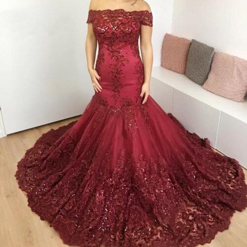 Elegant Burgundy Long Evening Dresses 2019 Mermaid Off the Shoulder sequins Lace Saudi Arabia Formal Prom Dress Party Dress