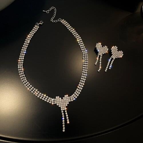 2021 New Trendy Jewelry Set Geometric Heart Full Rhinestone Choker Necklaces & Earrings Luxury Simple Wedding Party Jewelry