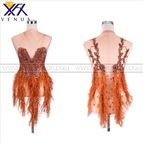 XFX VENUS 1 Set Front&back Handsewn Rhinestones applique Brown beads patches trimming motif for women Clothes Fabric trimming