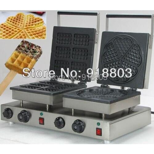 Free Shipping to USA/Canada/Japan Doulbe-Head 110v Electric Square Waffeleisen + Heart Shape Waffle Maker Machine Baker