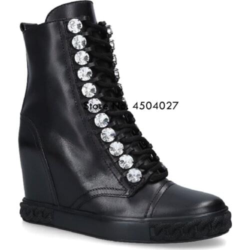 New Fashion Black Crystal Lace-up Hidden Heel Boots Shoes Women Female Round Toe Boot Women Shoes Ankle Boot Size 35-41