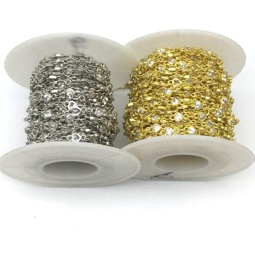 5Meters, 6mm White Zircon Faceted Flat bead Rosary Chain,Cubic Zircon Heart Bead Golden Chain Jewelry Crafts Women Sweater Chain