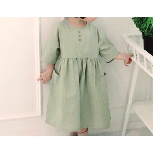 Childrens clothing Girls childrens literary loose side pockets washing dress