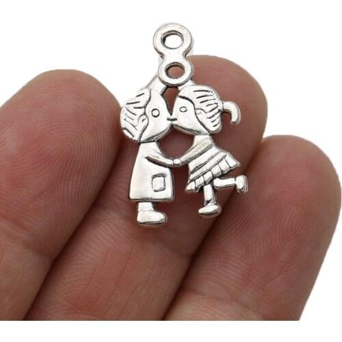 JAKONGO Antique Silver Plated Kissing Boy Girl Charm Pendants for Jewelry Making Bracelet DIY Accessories 27x17mm 10pcs