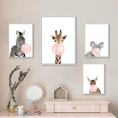 Baby Nursery Animal Posters and Prints Pink Bubble Zebra Giraffe Wall Art Canvas Painting Nordic Kid Bedroom Decoration Picture