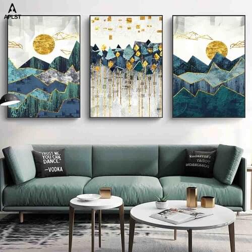 Geometric Nordic Forest Canvas Prints & Posters Landscape Mountain Wall Art Paintings Sunset Sunrise Pictures for Living Room