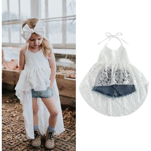 Summer Toddler Kid Girls Clothes Sets 2pcs Sleeveless Belt Lace Neck Strap Tie Up Backless Dress Tops Short Jeans Outfit 1-6Y