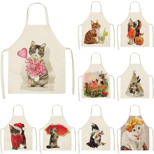 Cute Cat Kitchen Sleeveless Aprons For Women Cotton Linen Bibs Household Cleaning Pinafore Home Cooking Apron 53*65cm