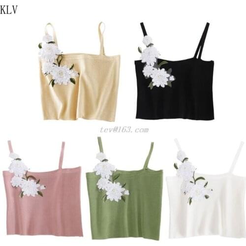 Summer Sexy Women Small Daisy Sequins Cami Halter Vest Strap Crop Top Knitted Sleeveless Blouse Casual Party Clubwear
