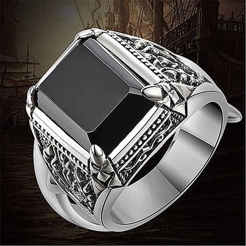 Fashion Carving Square Black Zircon Diamonds Gemstones Rings for Men White Gold Silver Color Bague Jewelry Gothic Accessories