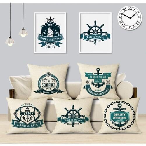 Sea Blue Helm Printed Cushion Cover Anchor Pattern Marine Cottom Throw Pillow Case New Year Decorative Pillowcase