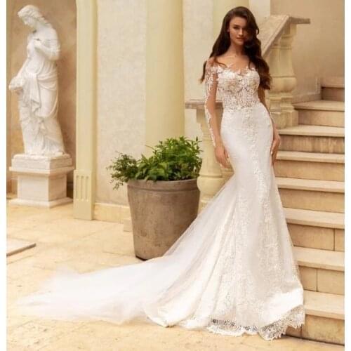 Muslim Wedding Dresses Mermaid Long Sleeves Tulle Appliques Lace Boho Dubai Arabic Wedding Gown Bridal Dress Vestido De Noiva