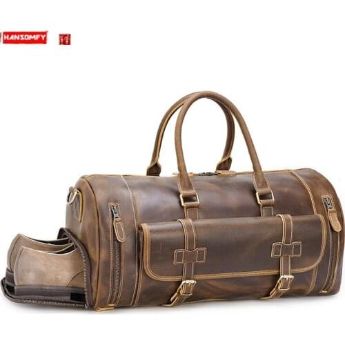 European and American retro leather mens travel bag handbags large capacity shoes gym bag Crazy Horse leather hand luggage bag