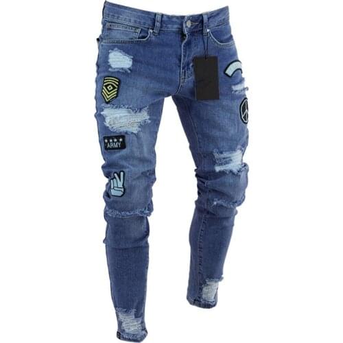 2019 Men Stylish Ripped Jean Pants Biker Skinny Slim Straight Frayed Denim Trousers New Fashion Men Clothes Dropshipping