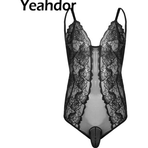 Mens One-Piece See Through Bodysuit Sheer Crossdress Lingerie Adjustable Spaghetti Straps Lace Sissy Pouch Nightwear Sleepwear