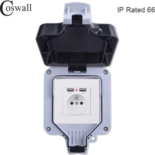 Coswall IP66 Weatherproof Waterproof Anti-UV Dust-proof Outdoor French Standard Wall Socket Dual USB Charging Surface Mounted