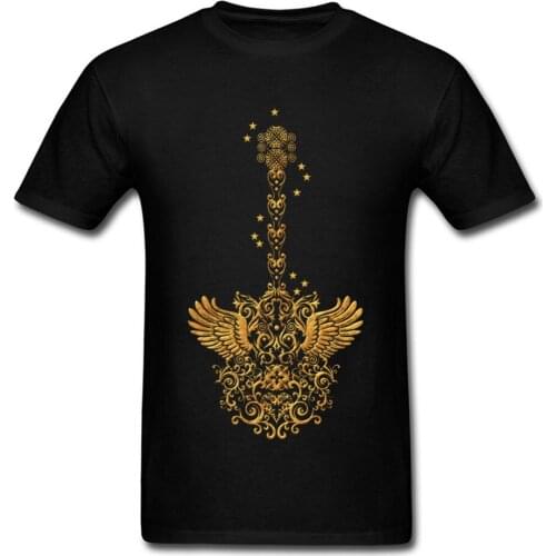 New Heavy Metal Punk Men Black T-shirt Golden Guitar Art Design Fashion College Short Sleeve Cotton O Neck T Shirt