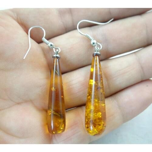 Wholesale Natural Precious Modernist Water drop TEARDROP GOLDEN HONEY PRESSED AMBERS Jewelry making earring Q13