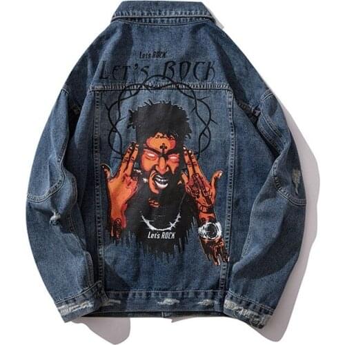 Autumn Hole Denim Jacket Mens Hip Hop Loose Bomber Jacket Korean Streetwear Letter Character Print Casual Clothes