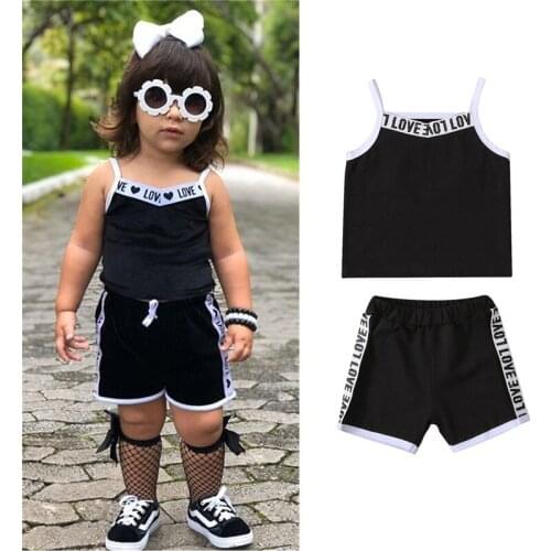 1-6T Kids Baby Clothes For Newborns Girls Sets Black Letter Print Camisole+ High Waist Short Pants Black Casual Summer Outfit